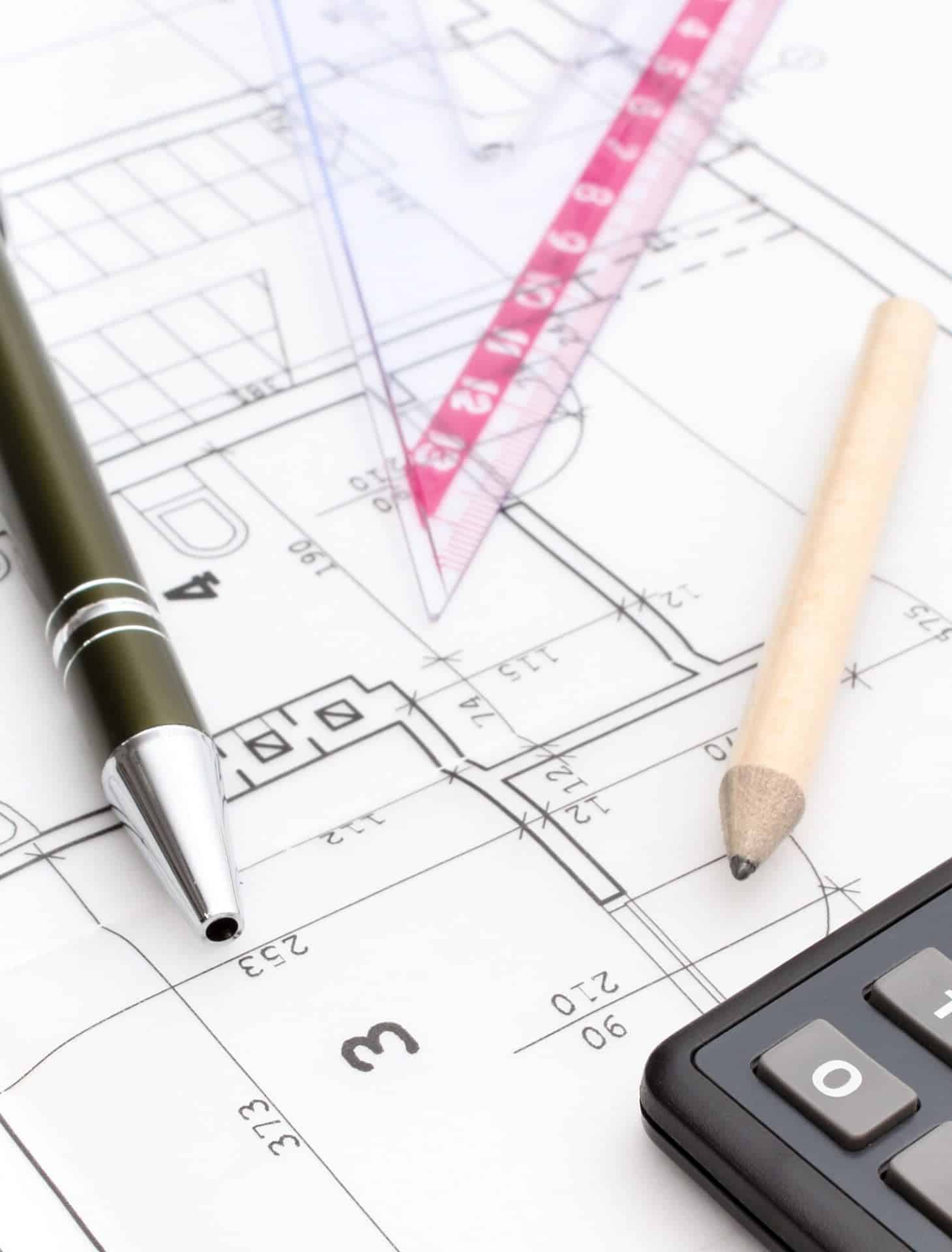 Drawing accesories and calculator on housing plan, building home cost concept