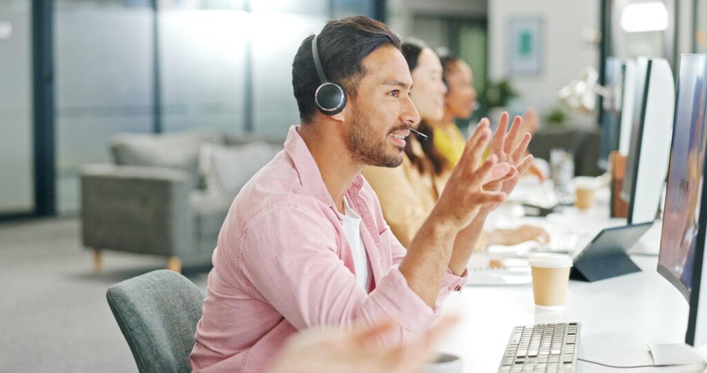 CRM, customer service or consultant business man with life insurance telemarketing, help or communi