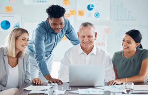 Digital marketing, seo and collaboration business meeting to review team sales, goals and analytics